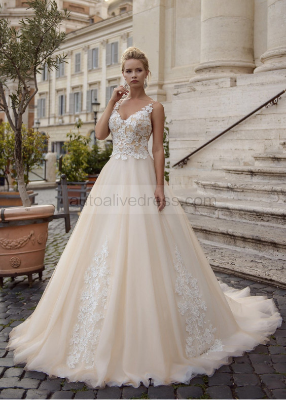 Beaded Ivory Lace Champagne Tulle Wedding Dress
